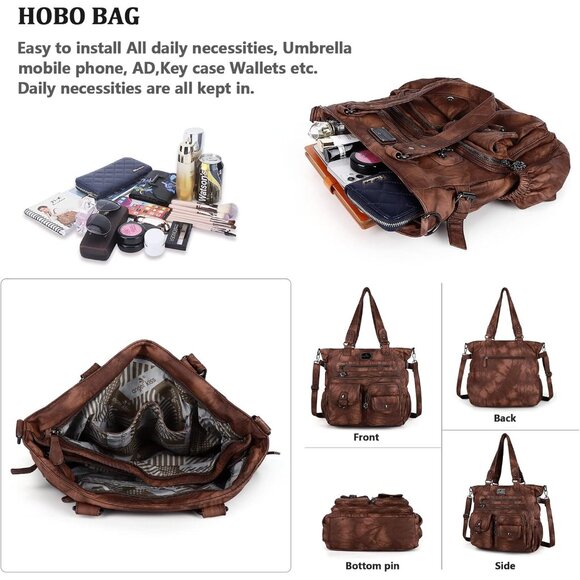 Women’s Soft Leather Hobo Satchel Crossbody Tote Bag with Multiple Pockets - Picture 4 of 7